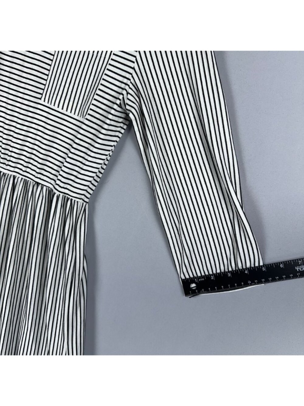 Merokeety Dress Size Small Black White Striped Midi 3/4 Sleeves Chest Pocket - Picture 11 of 12